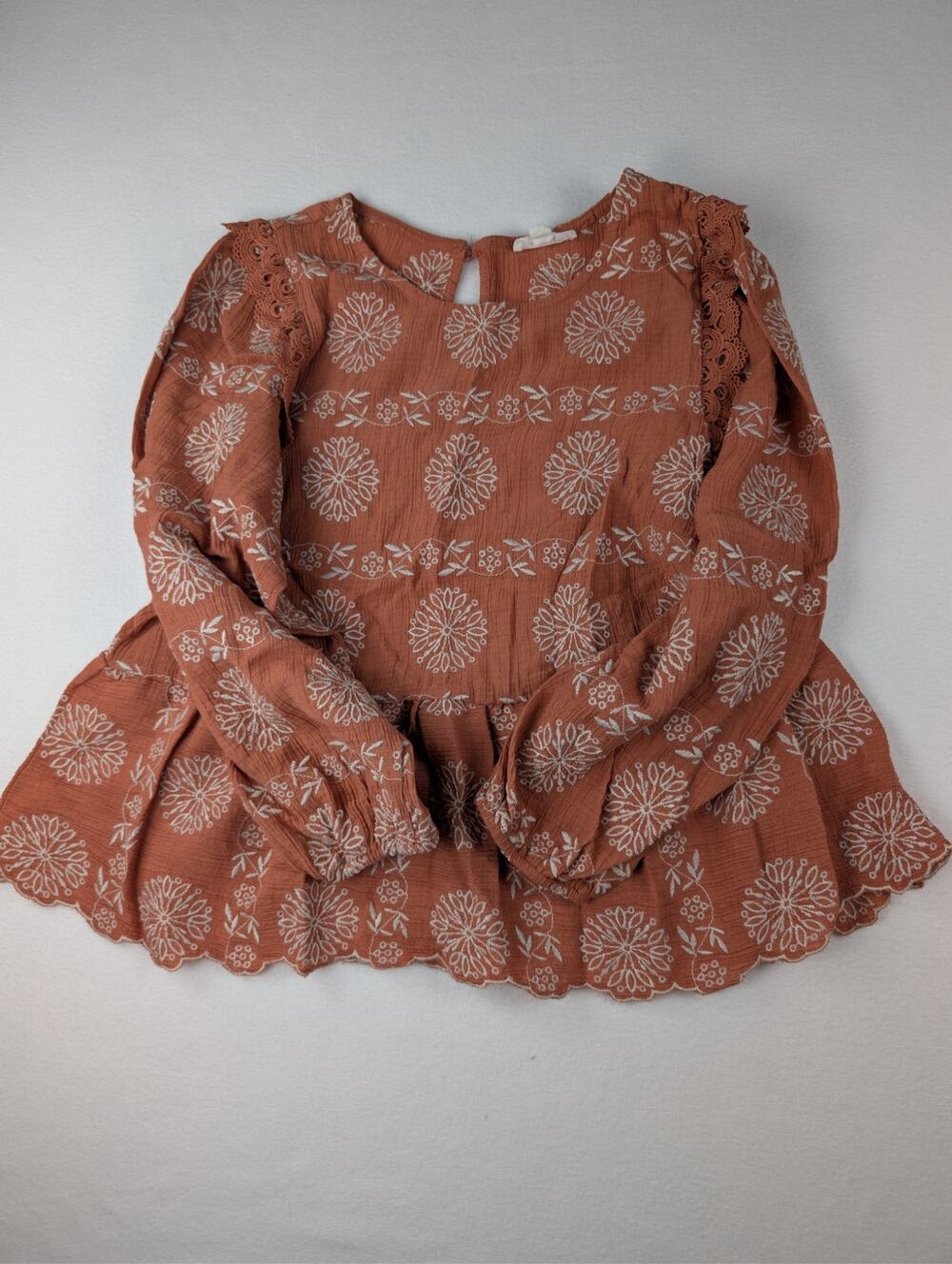 Blu Pepper Rust Embroidered Boho Peplum Blouse Medium